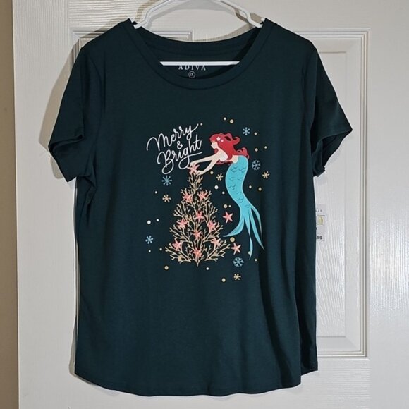 Adiva Mermaid Christmas Short Sleeve Crew Neck T-shirt Plus Size 1X New - Picture 1 of 6